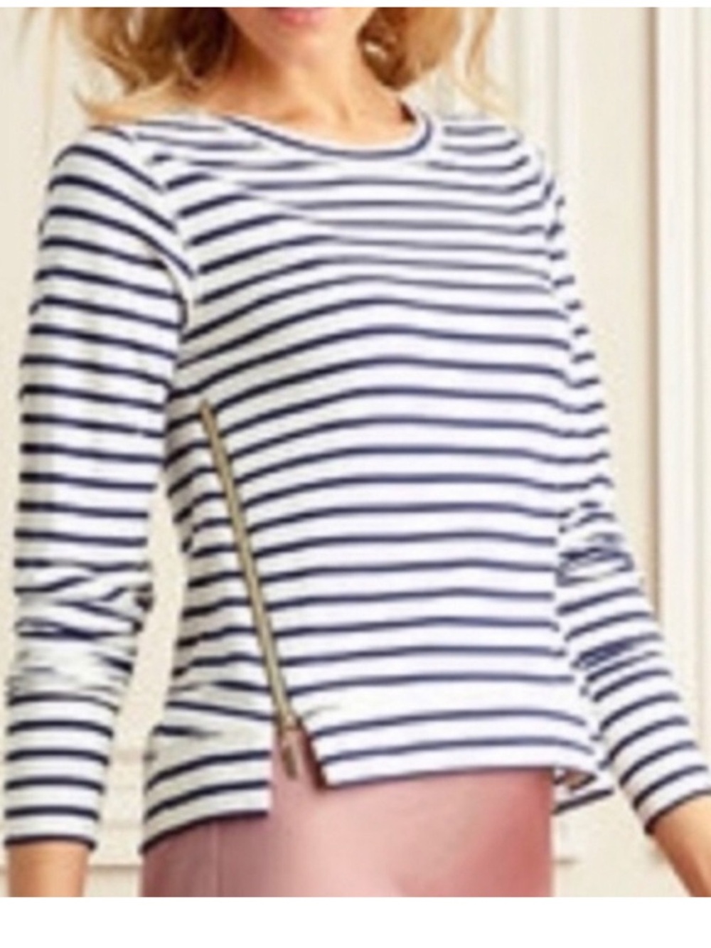 Stella & Dot Navy and White Striped Long-Sleeve Top with Side Zip